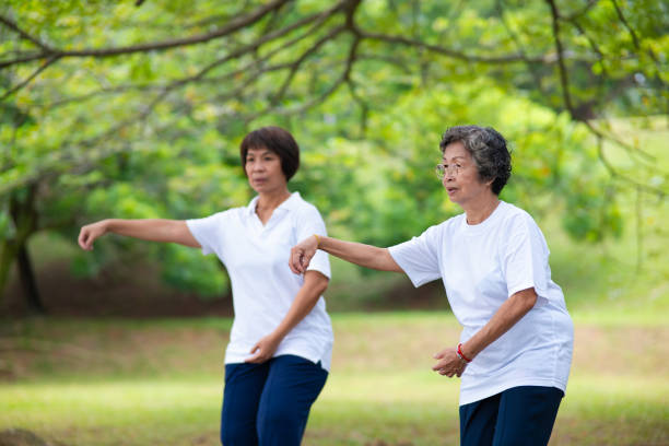 istock Two elderly women practicing Tai Chi movement in the garden 2176485969