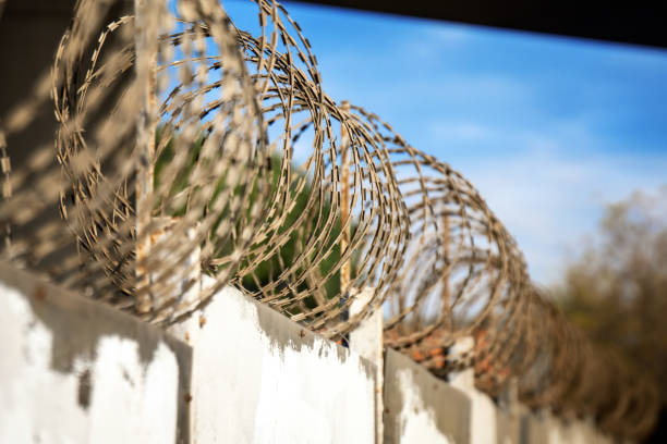 circular patterns of barbed wire atop a fence, contrasting with a soft blue sky. This juxtaposition symbolizes the tension between security and freedom