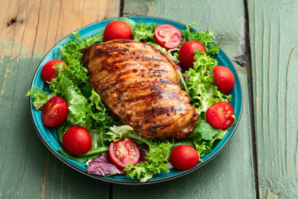 istock Grilled chicken breast ( fillet ) with lattuce salad and cherry tomatoes . Top view 2176495936