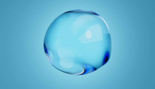 Abstract water bubble on blue background. Blue distorted droplet floating, Purity concept. 3d render illustration.
