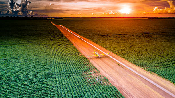 Agribusiness: Agricultural plane taking off from a farm field at sunset