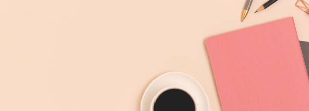 istock Banner with cup of coffee and stationery. 2176508542