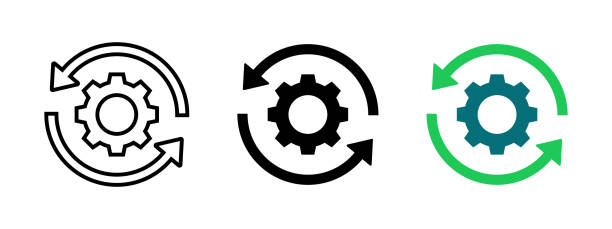 Sync settings button icon set. Update arrow symbol with gear. Reload button vector illustration. Reset settings button sign. Cogwheel rotation pictogram. Refresh web navigation concept. Sync settings button icon set. Update arrow symbol with gear. Reload button vector illustration. Reset settings button sign. Cogwheel rotation pictogram. Refresh web navigation concept isolated. equipment stock illustrations