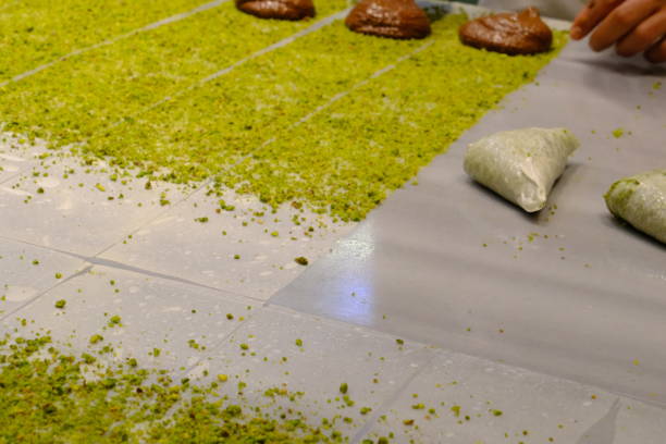 istock A dessert chef makes katmer dessert by folding pistachio and chocolate phyllo pastry. 2176523620