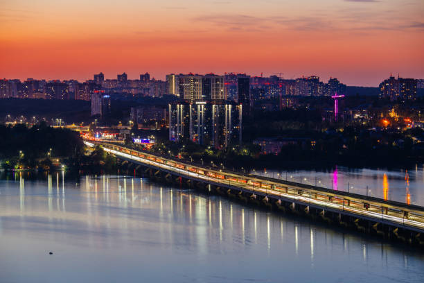 Evening Voronezh. Northern bridge over Voronezh river, aerial view.