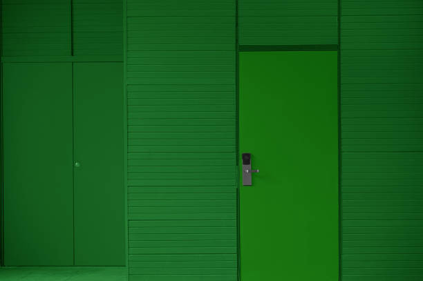Green door and green wall panel texture background