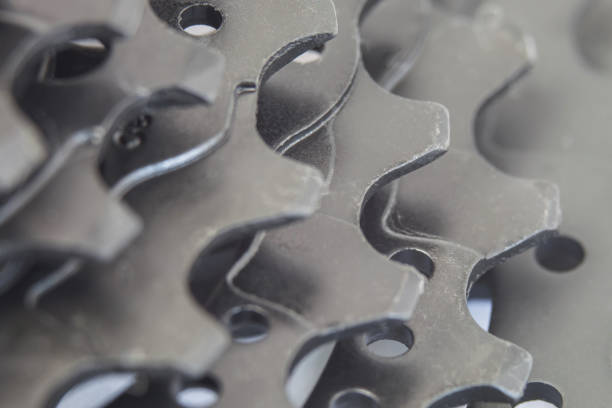 Black teeth of a bicycle cassette in a macro photo. Selective focus. Background image