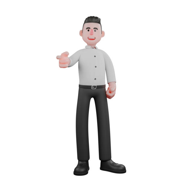 istock Illustrated 3D Business. A male businessman stands while pointing forward with his right hand and showing a happy expression. Male Business Expert Cartoon 2176558021