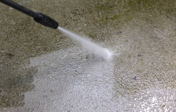 istock Woman cleaning concrete pavement using high pressure washer. 2176576969