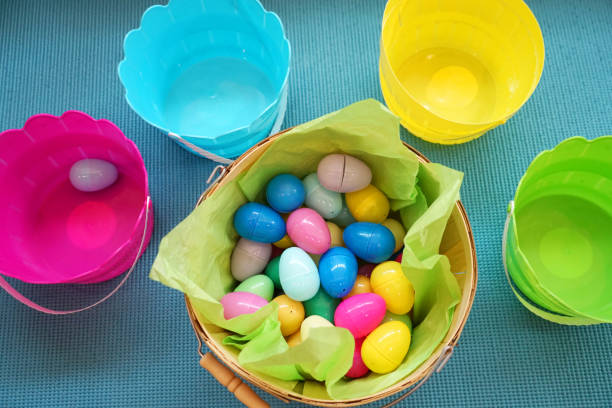 plastic toy Easter eggs and colorful containers for kids