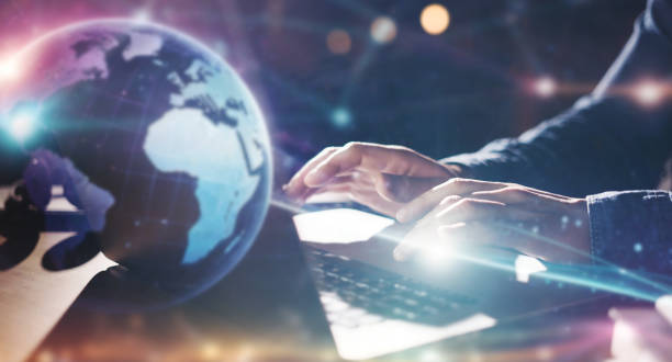 istock Man working with laptop. Global network concept 2176584970