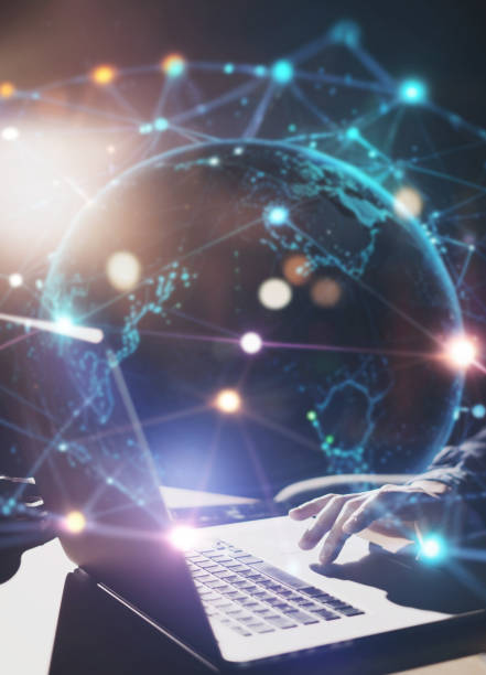 Man working with laptop. Global network concept