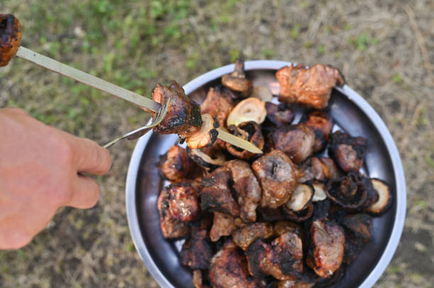 pieces of cooked shish kebab meat on a tray