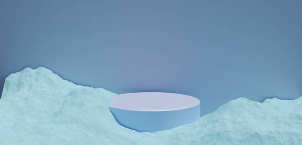 istock 3D Light Blue Product Display podium with heavy snow floor. Winter scene template for marketing and advertising. Snowy interior with blue and and natural light. Winter landscape studio. 2176594262