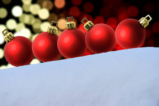 Close-up of Christmas ornaments on the snow against defocused illumination with copy space.