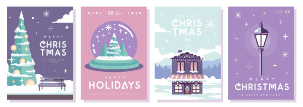 Set of Merry Christmas and Happy New Year greeting cards, covers or posters with holiday attributes. Christmas background. Flat design. Vector illustration