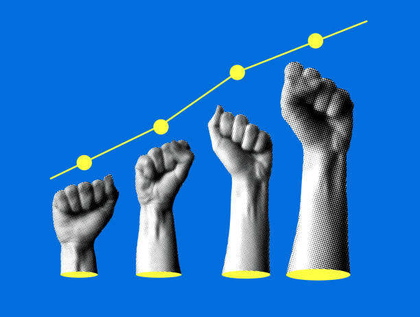 istock Modern collage with sales chart. Halftone hands raised up with closed fist. Teamwork concept 2176609785