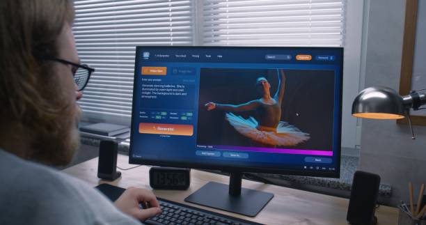 istock Adult man types prompt in AI video generator software on PC 2176611051