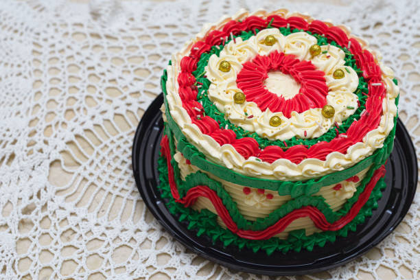 istock Cake decorated with Christmas colors on a woven tablecloth. Christmas cake. 2176614421