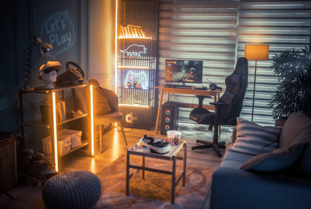 istock Interior of a gamer room lit with neon lights. 2176615565