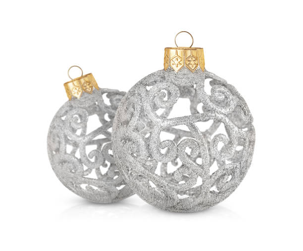 two Christmas silver balls with beautiful curls isolated on white