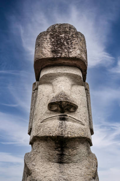 Easter Island Moai statues casting a shadow on the green grass of Rano Raraku volcano in Easter Island under a blue sky with white clouds. Rano Raraku, Rapa Nui National Park, Hanga Roa, Easter Island, Chile, Oceania - South America