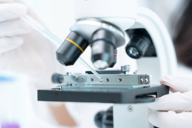 istock Scientist analyze biochemical samples in advanced scientific laboratory. Medical professional use microscope look microbiological developmental of viral. Biotechnology research in science lab. 2176622663