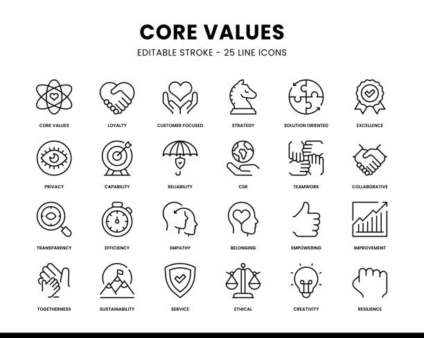 ilustraciones, imágenes clip art, dibujos animados e iconos de stock de core values editable line icons - empatía