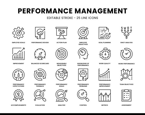 ilustraciones, imágenes clip art, dibujos animados e iconos de stock de performance management editable line icons - evaluación del desempeño