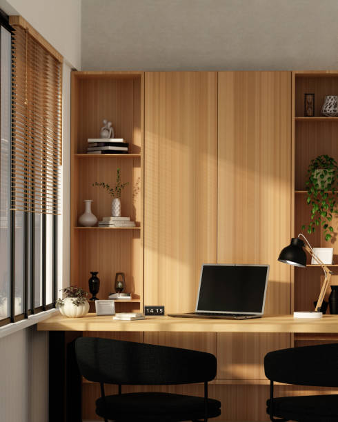 istock Modern Home Office Interior 3D Render with Wooden Shelves, Desk, and Natural Light 2176629403