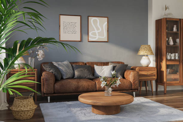 istock Minimalist living room with a leather sofa on gray wall background. Interior mockup, 3d render 2176633094