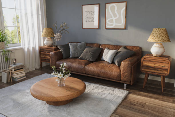 istock Minimalist living room with a leather sofa on gray wall background. Interior mockup, 3d render 2176633147