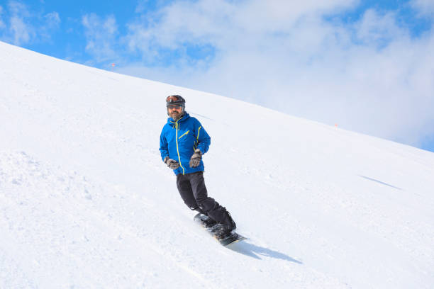Snowboarding   Man snowboarding  on the mountain ski resort, perfect ski slope.
