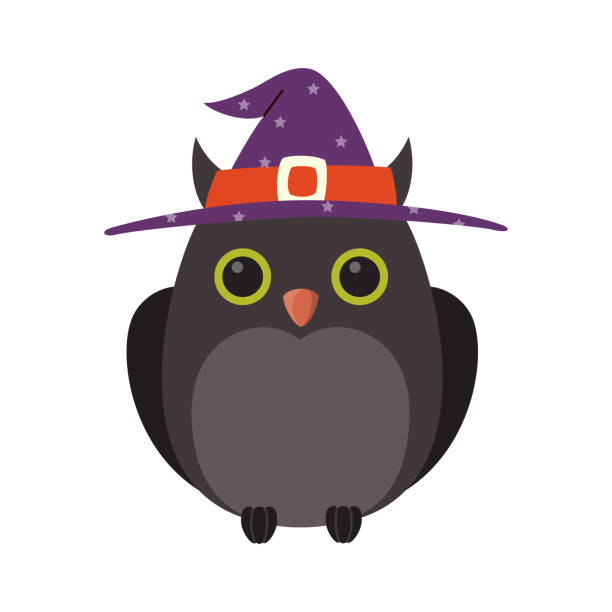 istock Cute black owl wearing a Halloween witch hat isolated on white background. 2176636942
