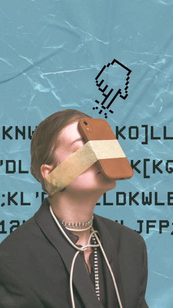 Quirky take on digital overload, with smartphone tape female face, pixel art, and retro code. Contemporary art collage.