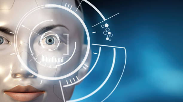 A close-up animation of a robot's face, with a digital interface scanning the robot's eye. The interface is a series of white circles and lines against a blue background.