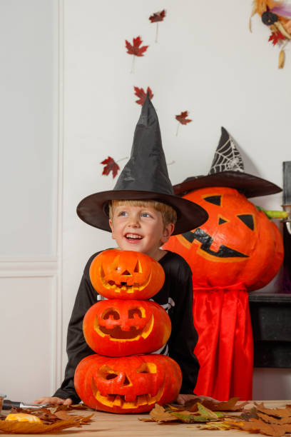 istock Boy with jack-o-lanterns and witch hat having Halloween fun 2176655870