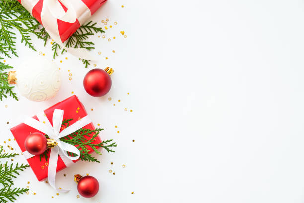 istock Christmas Present box and decorations at white background. 2176656361