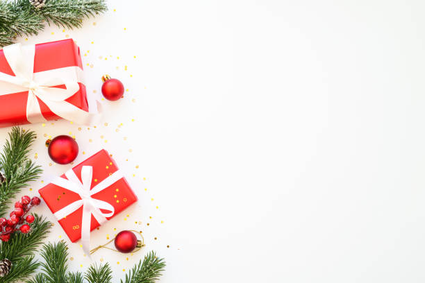 istock Christmas Present box and decorations at white background. 2176656494