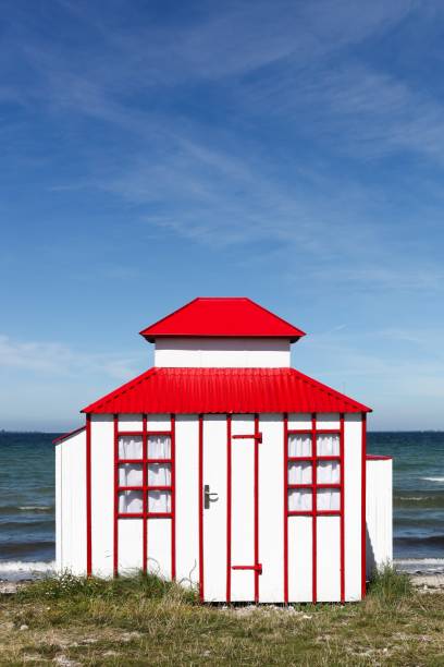 View of colorful bathing wooden cabins of Gouville on the dunes