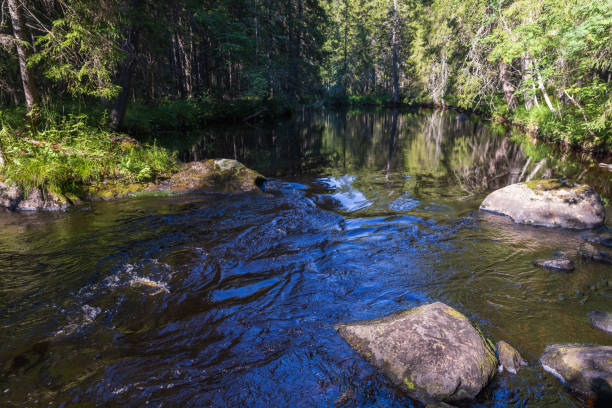 Karelian landscape with river in the forest on a summer day. Ruskeala, Republic of Karelia, Russia