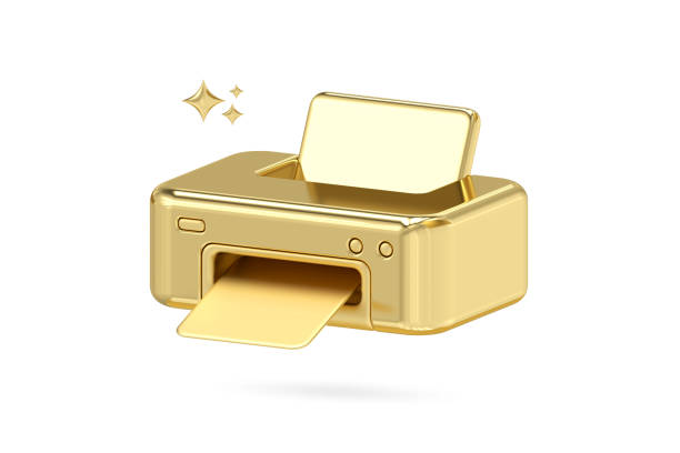 Gold printer icon, business printing devices, 3d rendering