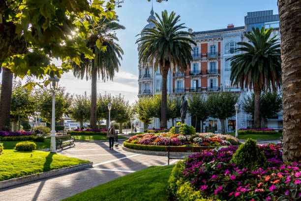 Beautiful square full of colorful flowers in Castro Urdiales in honor of the composer Arturo Dúo Vital. Castro Urdiales , Cantabria - Spain