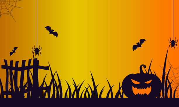 istock Happy Halloween Spooky Nighttime Scene with bat, pumpkin and spider horizontal background. 2176671129