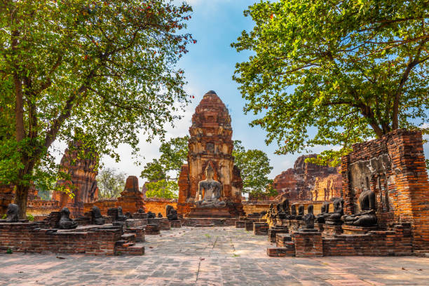 Ancient Buddha statue in Wat Mahathat, Ayutthaya Historical Park. It is a popular destination for tourists.