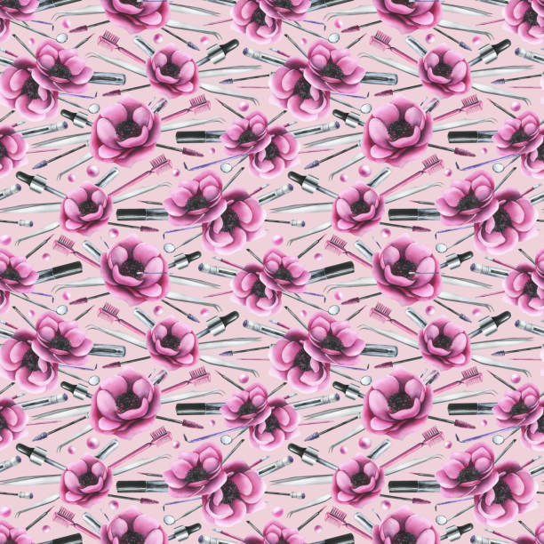 istock Cosmetics and brushes for eyes and eyebrows, tubes with pink anemone flowers. Watercolor illustration hand drawn. Seamless pattern on a pink background. For eyelash extension and lamination. 2176686667