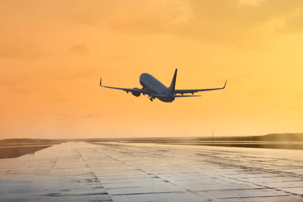 istock Passenger airplane take off during sunset 2176688195