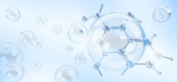 3d light blue background with collagen cell pattern and dna for skin care render. Hyaluronic acid bubble, liquid cosmetic sphere with water molecule. Face and body moisture essence