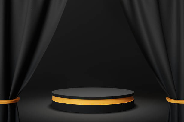 Cylinder pedestal podium with black curtains