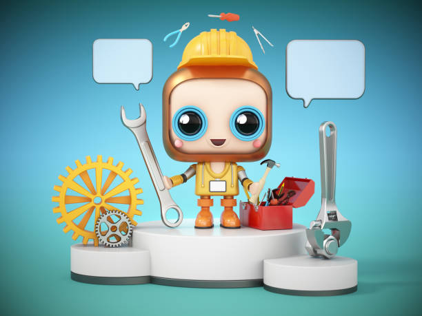 This playful robot mechanic is surrounded by various tools and gears, exuding a friendly atmosphere in a vibrant workshop, perfect for inspiring creativity and imagination. AI chat bot concept.